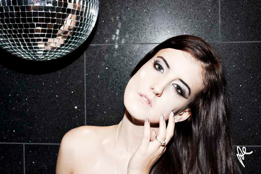 woman girl disco sparkly bathroom make-up Picture photo disco ball black Glitter joana fux Swarovski red jacket high heels
