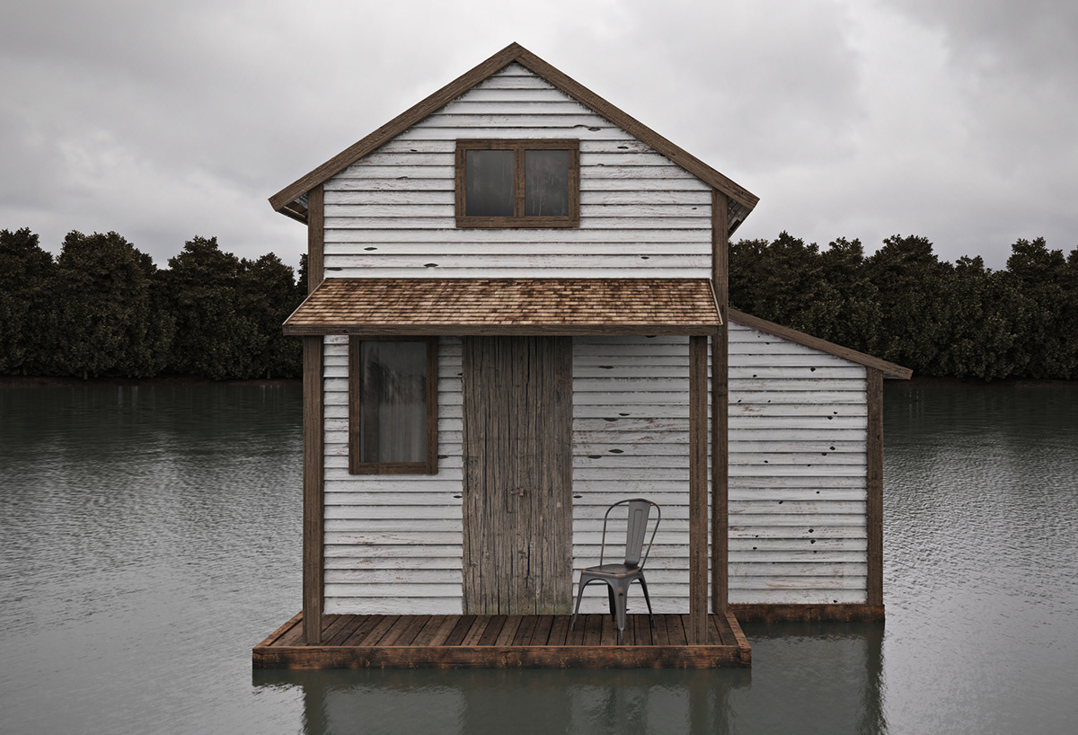 house lake water wood chair