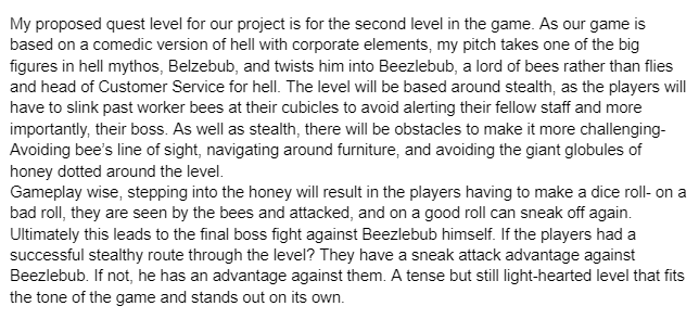 My 200 word written pitch for my quest for my group's game