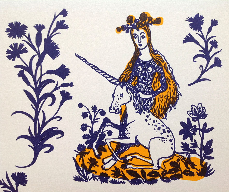 silkscreen printmaking Poster Design unicorn mythology natalya balnova yellow blue animals hand-lettering