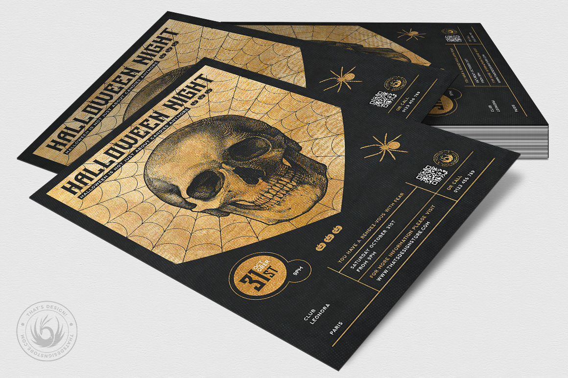 black classy elegant flyer gold Halloween party poster skull template