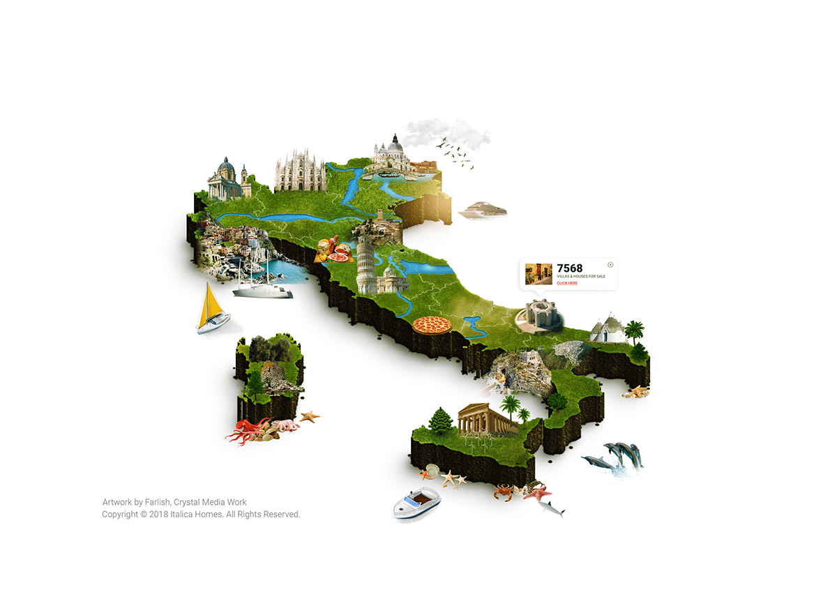 Italy Isometric real eastate landing page 3d artwork sea World Map Website Design UI interactive map