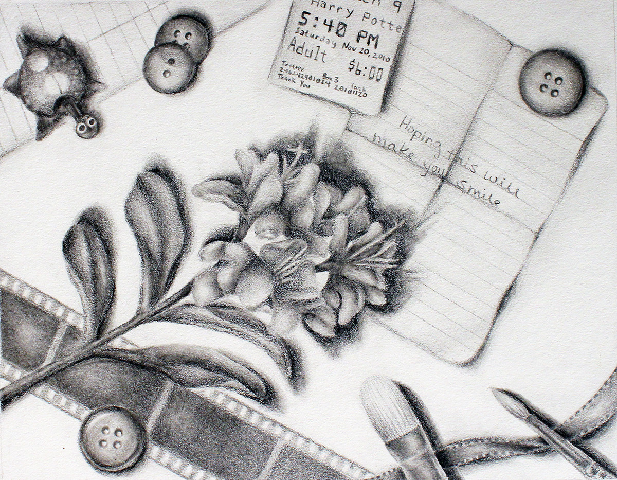tromp l'oeil tromp loeil still life graphite flower buttons pencil shading
