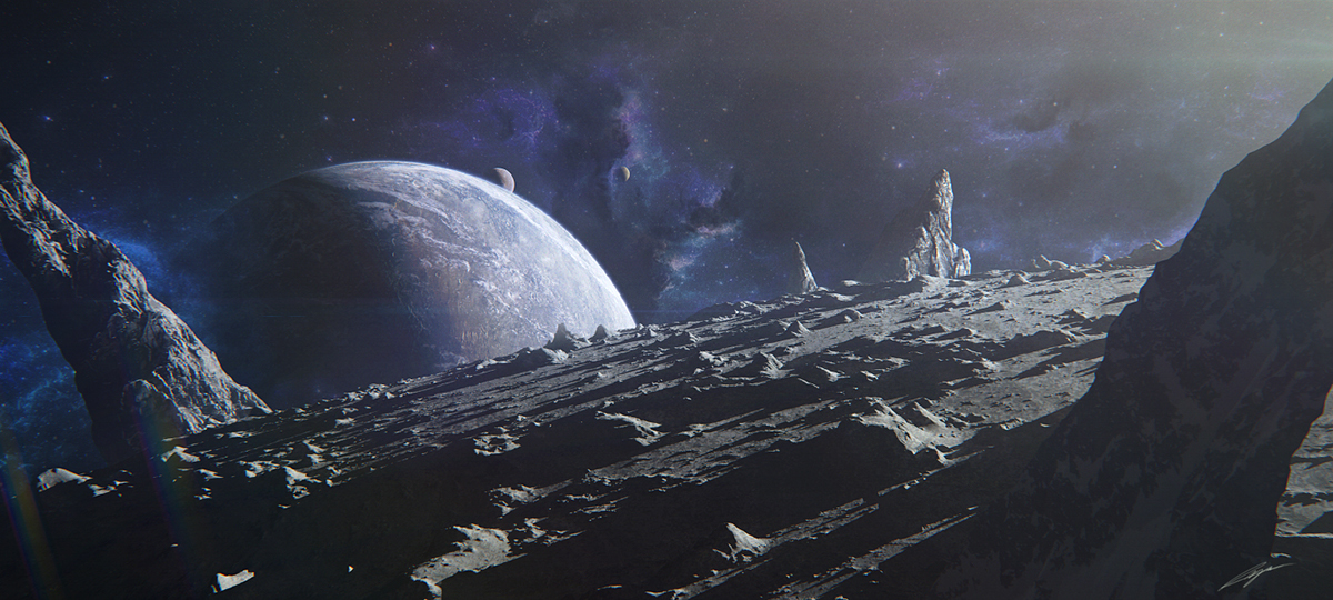 Matte Painting digital mixed media Scifi fantasy Space  ship STATION Asteroids planet