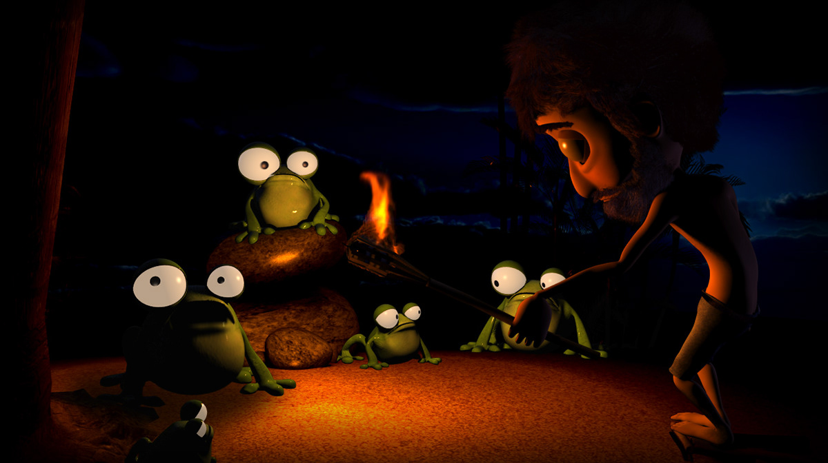 OUTsurance survivor frog Cast away lonely camp fire beard scared 3D Character