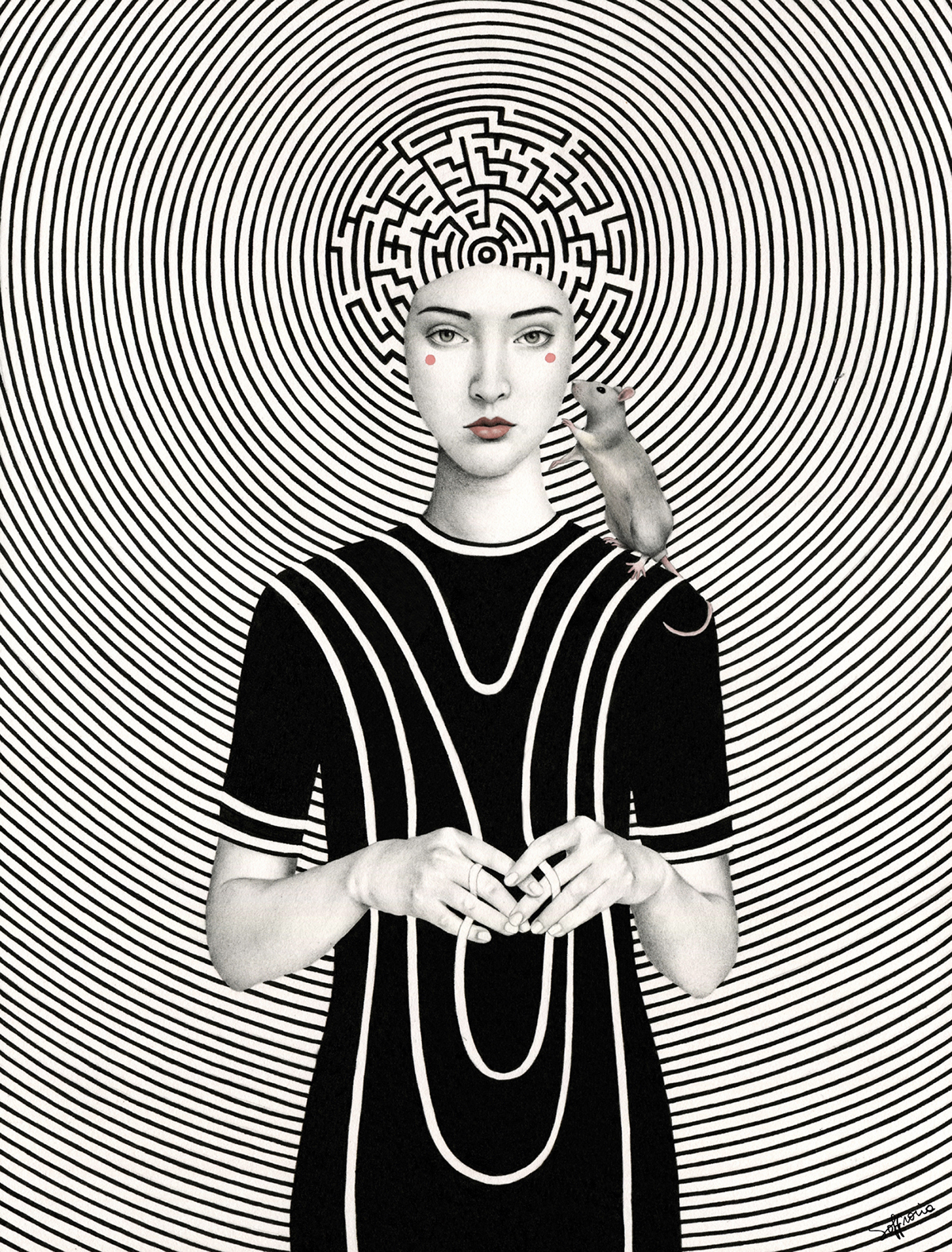 maze labyrinth lines black White portrait