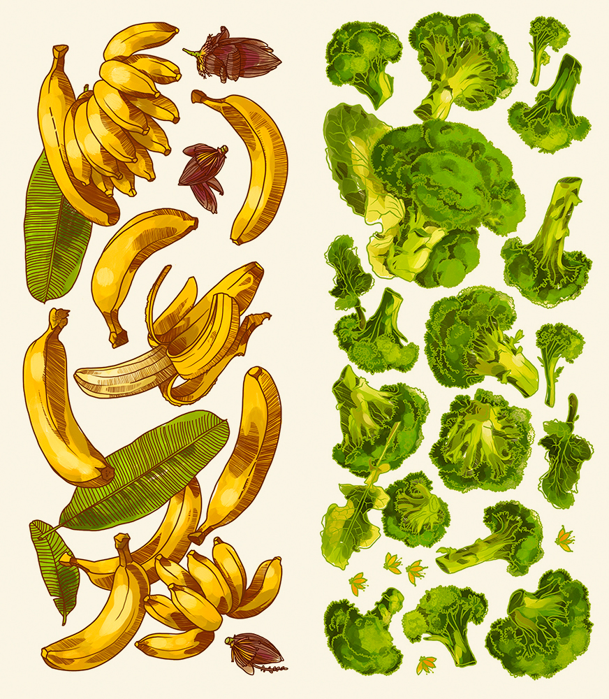 Vegetarian vegetables fruits broccoli Bananas pepper chanterelles pineapples
