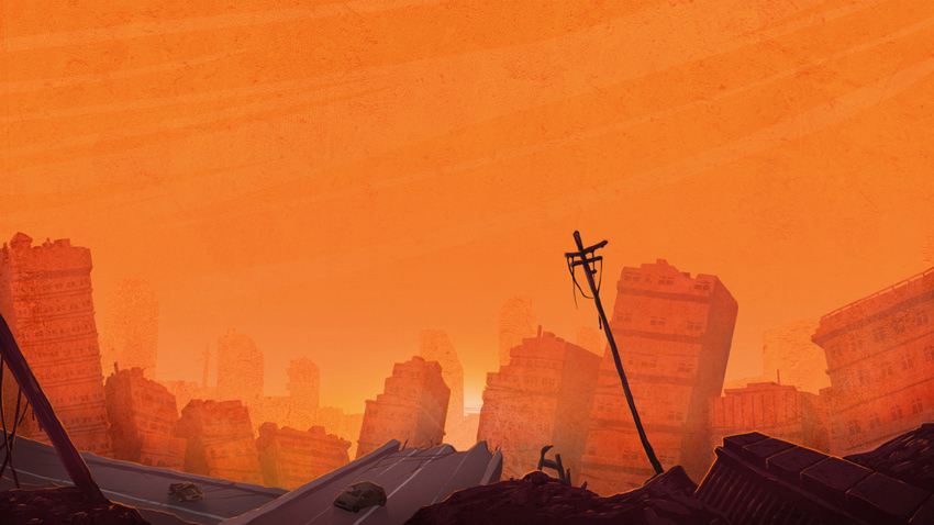 axe cop Landscape Post Apocolyptic destruction background cartoon orange