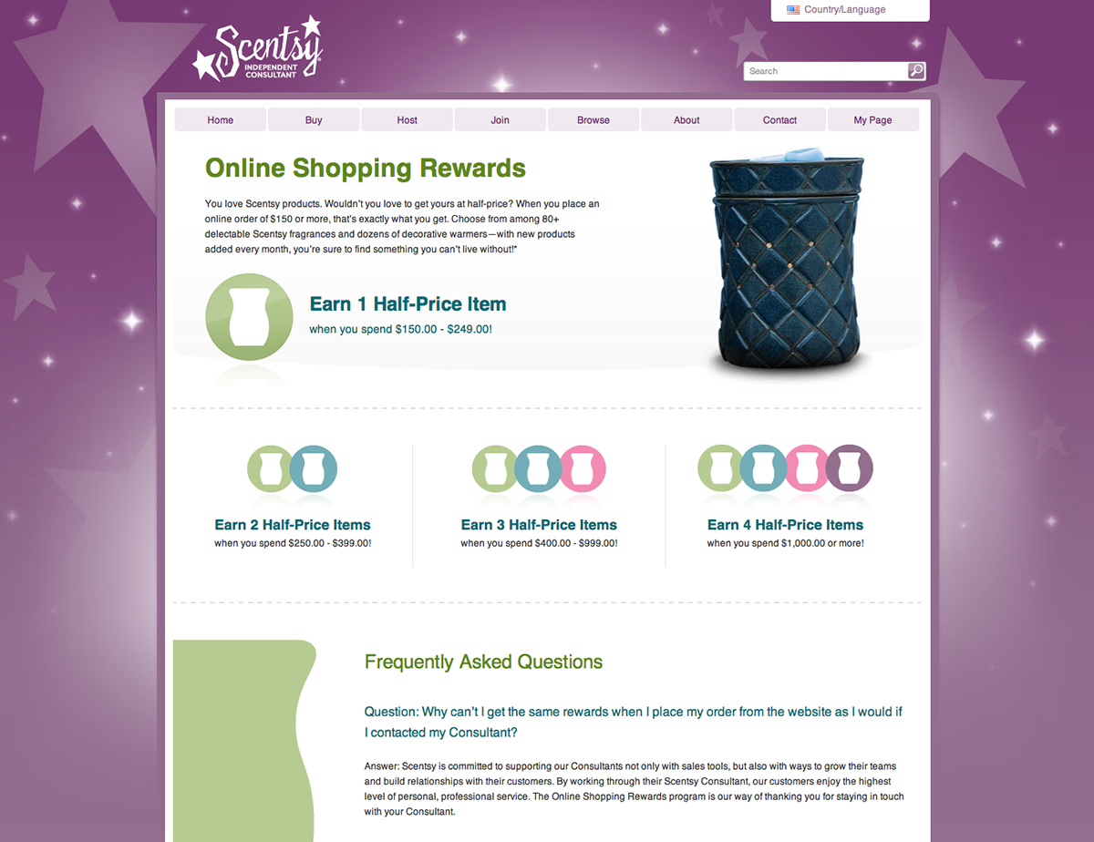 scentsy e-commerce personal website customizable International multi-lingual Direct Selling purple Illustrative star home decor Fragrance