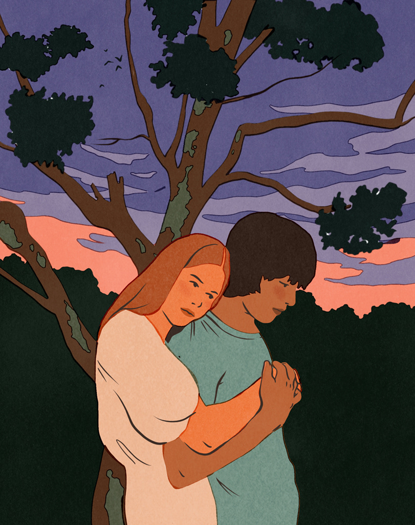 illustration of a teenager couple embracing under a tree in a winter landscape