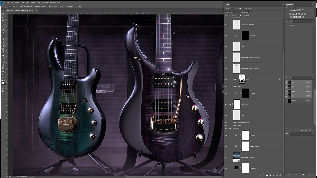 guitar 3D CGI visualization modeling rendering ernieball majesty post-production product visualization