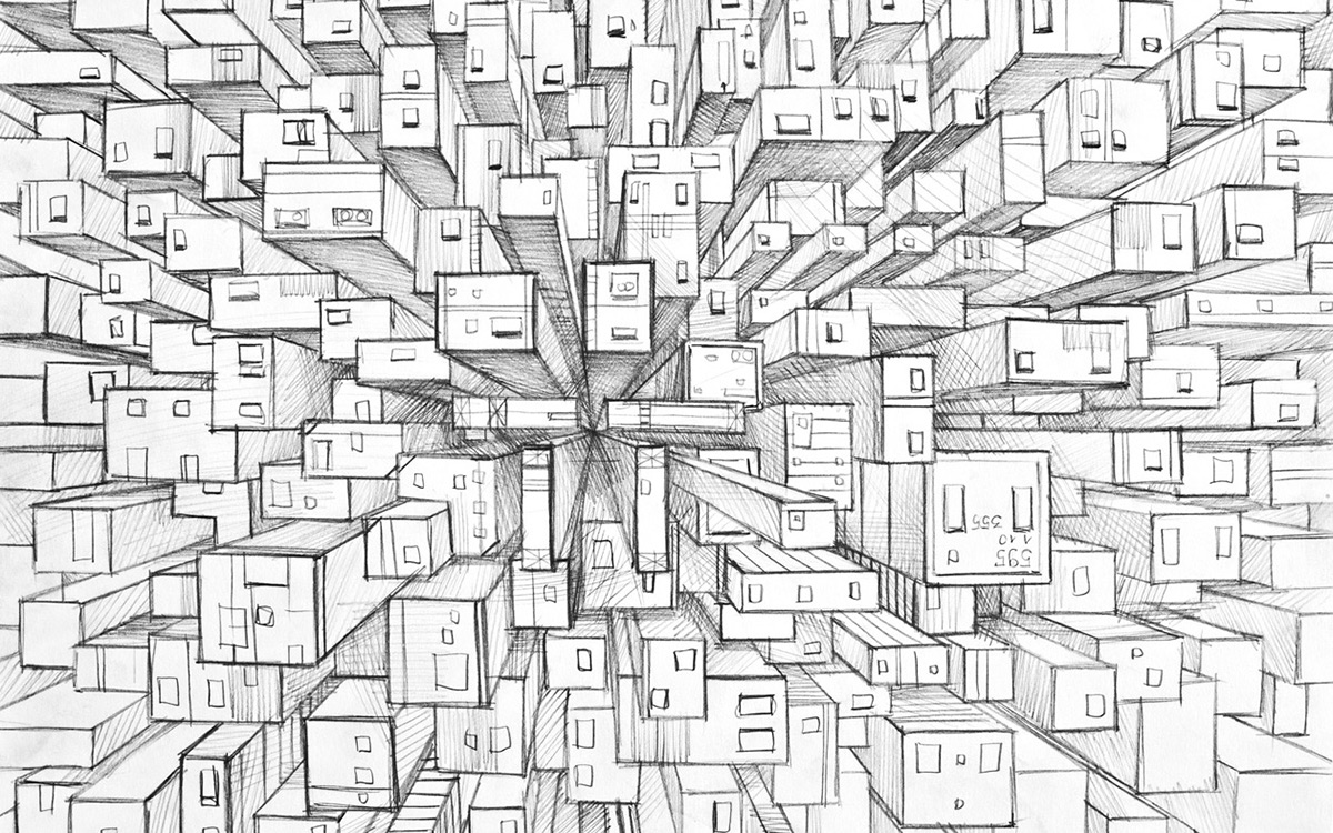 vladimir shelest sketches pencil art Cybercity cityscape
