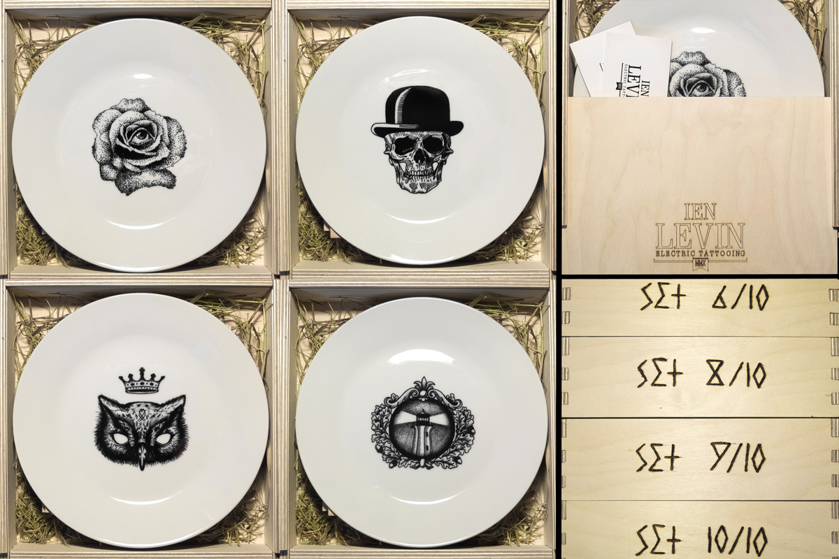 ienlevin dish plate designer goods package design  etching limited edition skull tattoo print rose engraving