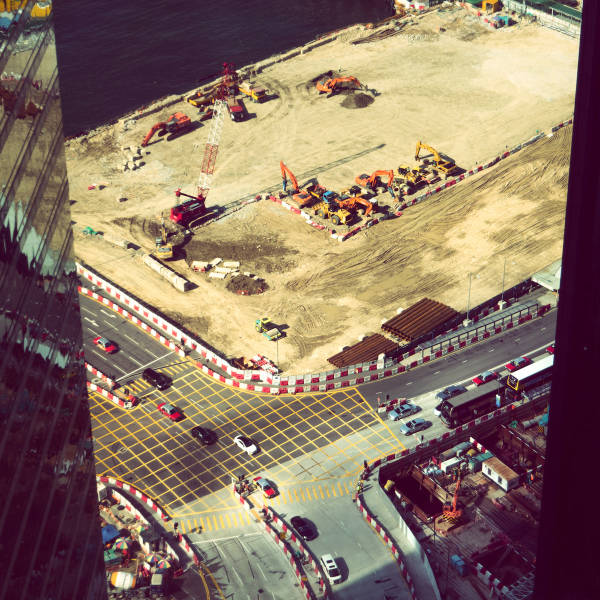 Elevated view of a road surrounded by construction site.