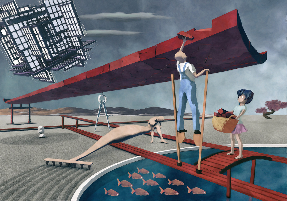 flamingo howard johnson Lamplighter motel painting   sideshow surreal art surrealism unicorn Zen Garden