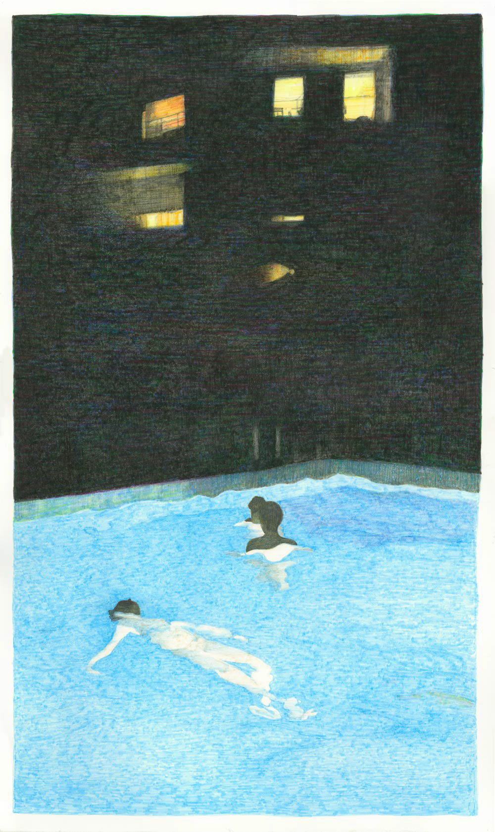night Swiming Pool feutre Felt tip pen soirée piscine strangers water realist