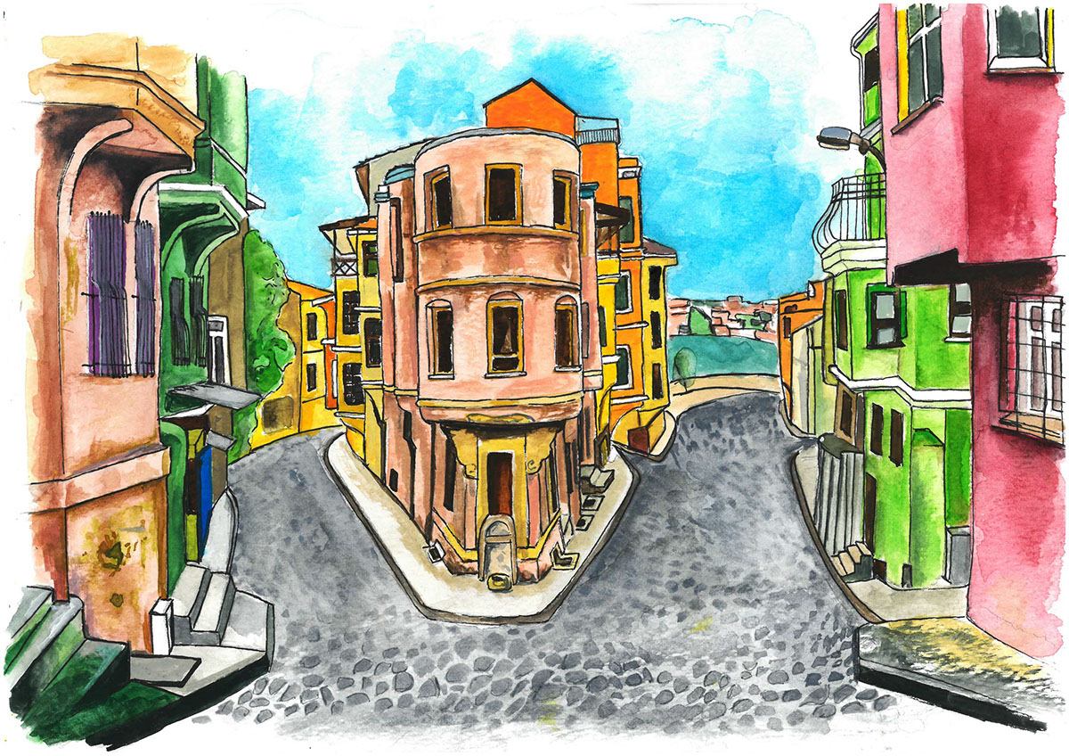 istanbul balat watercolor aquarelle suluboya house Street Turkey turkish türkiye bosphorus city OLDCITY colored turk