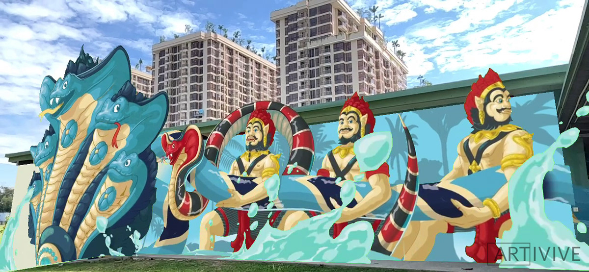 asura augmented reality Cambodia Mural naga snake Street Art 
