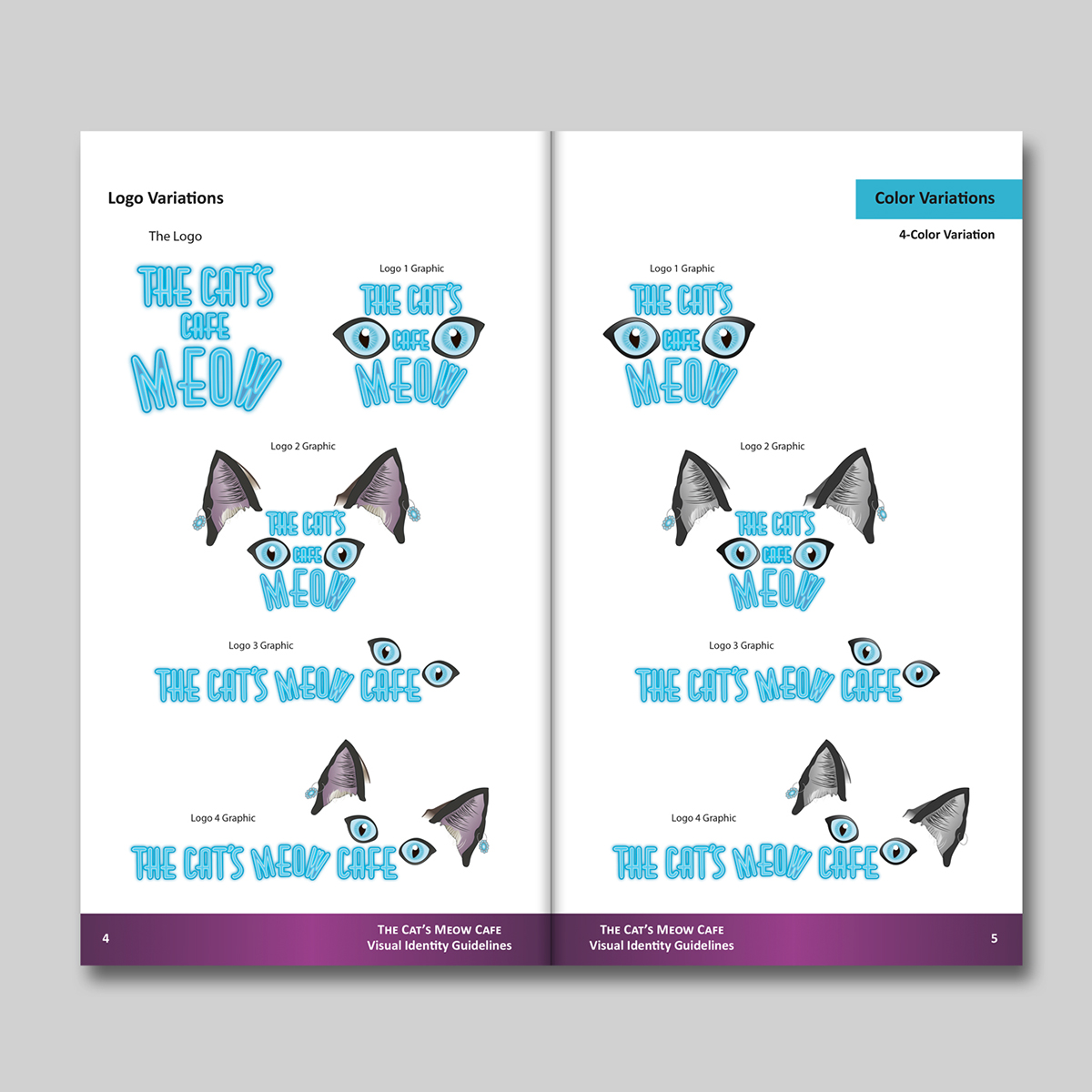 The Cat's Meow cafe menu design Business card design stationary Siamese cat cat illustration coffee illustration Viasual Identity Booklet Logo Design