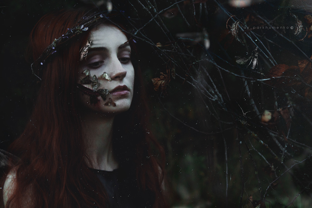 girl witch dark moths wreath forest field moss trees plants ginger Injury