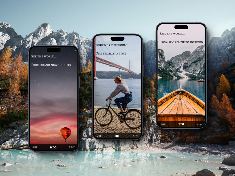 onboard Onboarding Onboarding Screen DailyUI daily ui Daily UI Challenge Nature Travel Bike hot air balloon