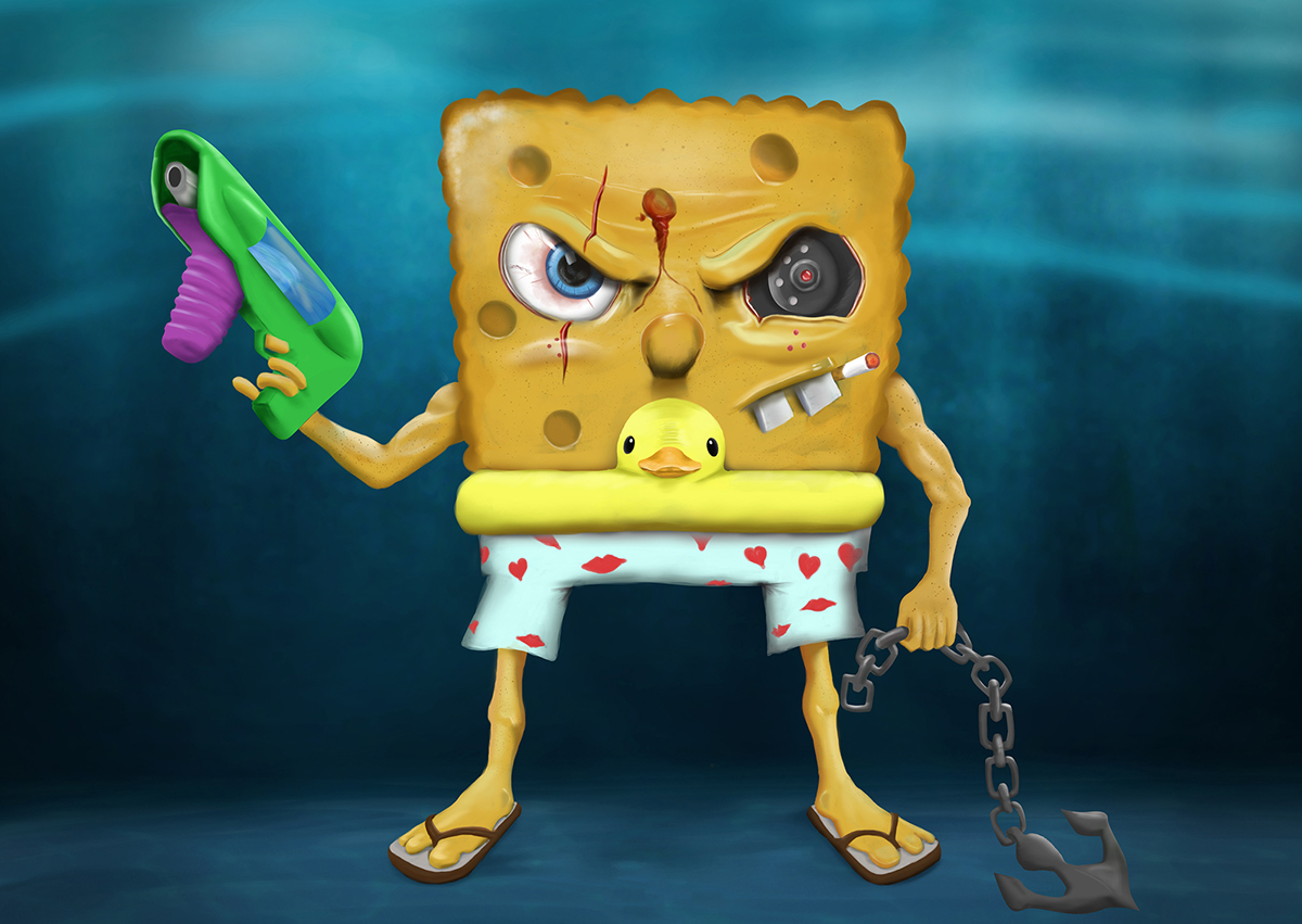 spongebob terminator Gun evil paint digital naughty pants cigarette digital paint Spongebob Squarepants yellow Pool cartoon digital painting