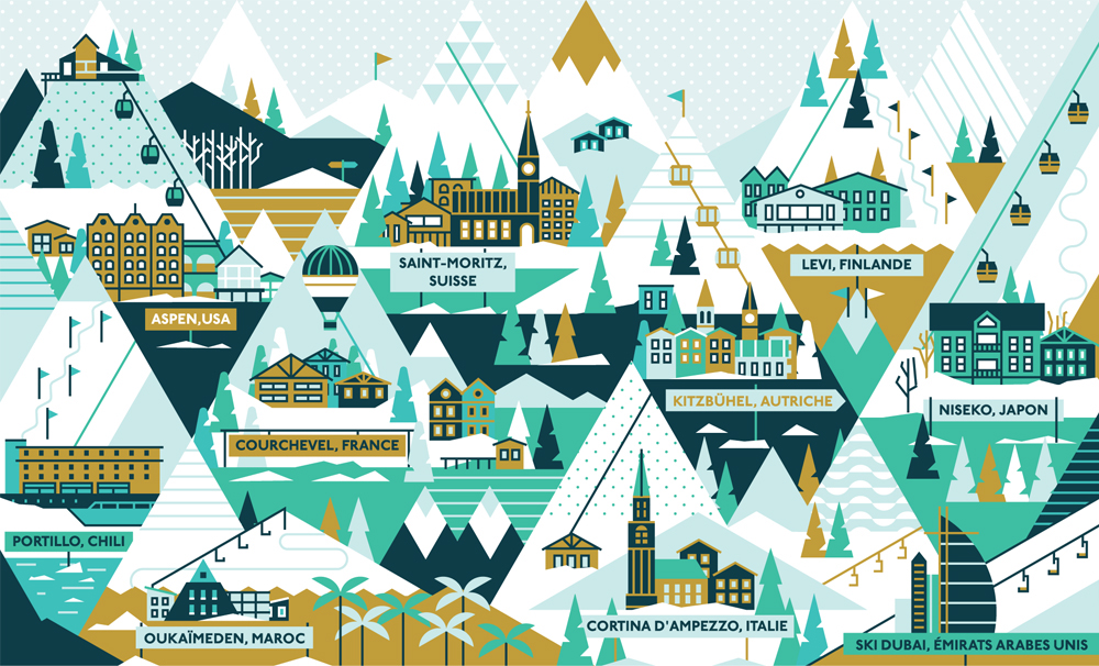 map Landmarks skiiing mountains Paris Boats towns trees houses snow