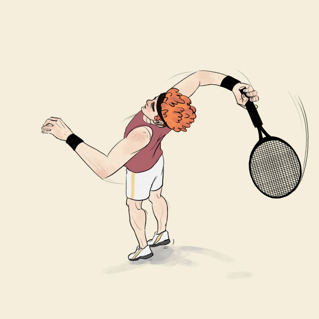 A guy swinging up his tennis racket.