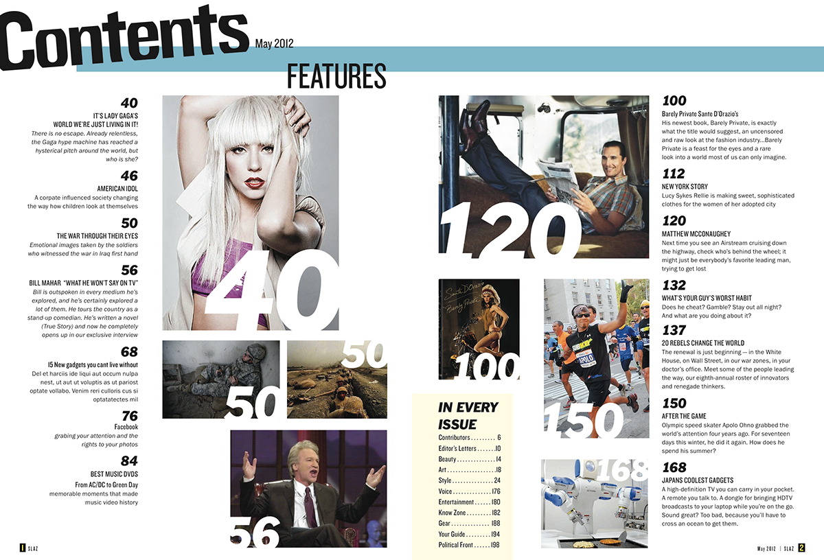 magazine spreads contents page