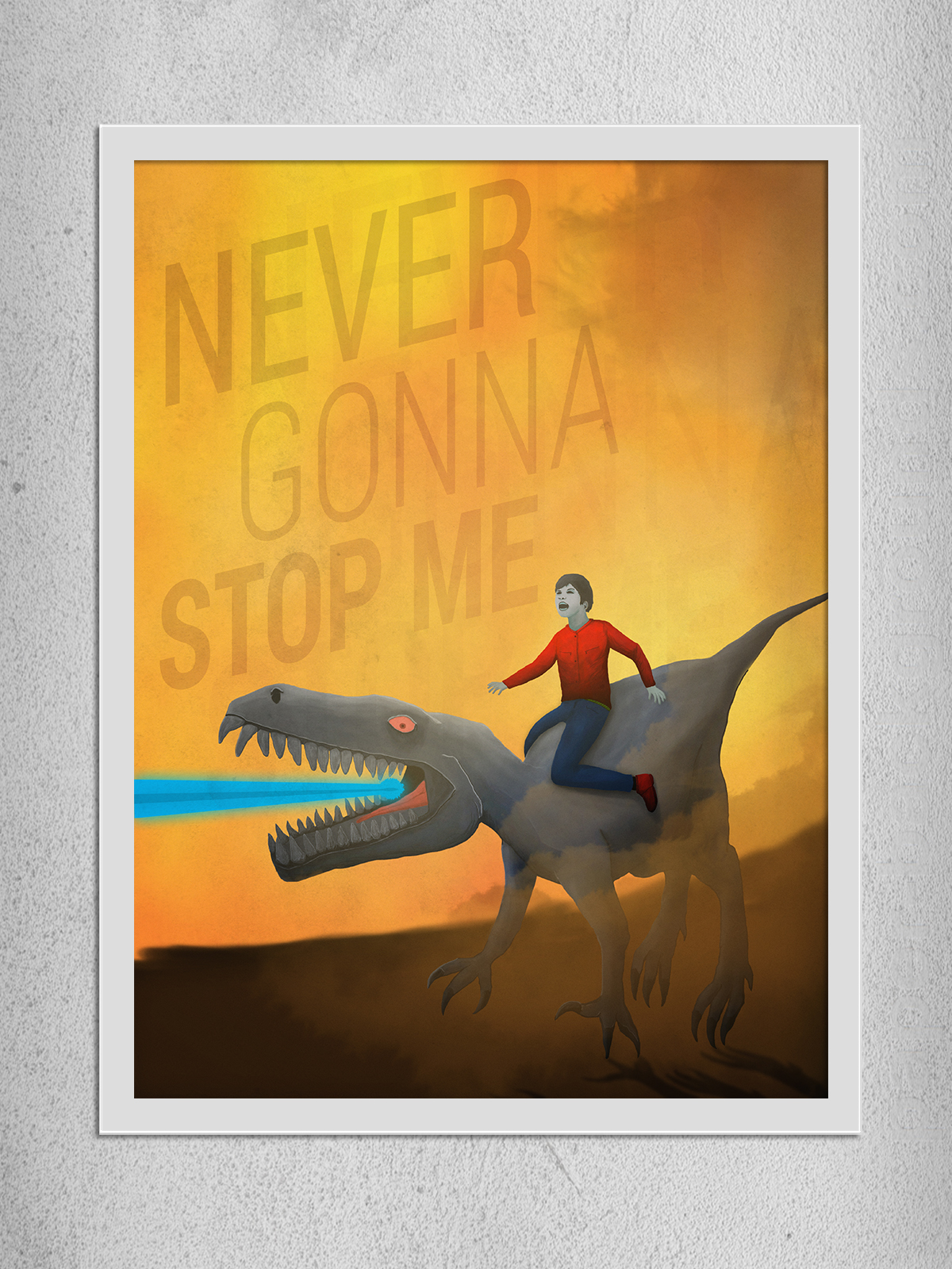 Dinosaur raptor rider boy rasul mono poster printable yellow orange laser never gonna stop