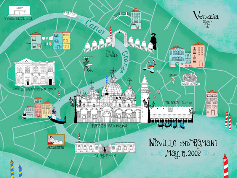 map wedding commission Venice hand drawn typography Fun colorful hip