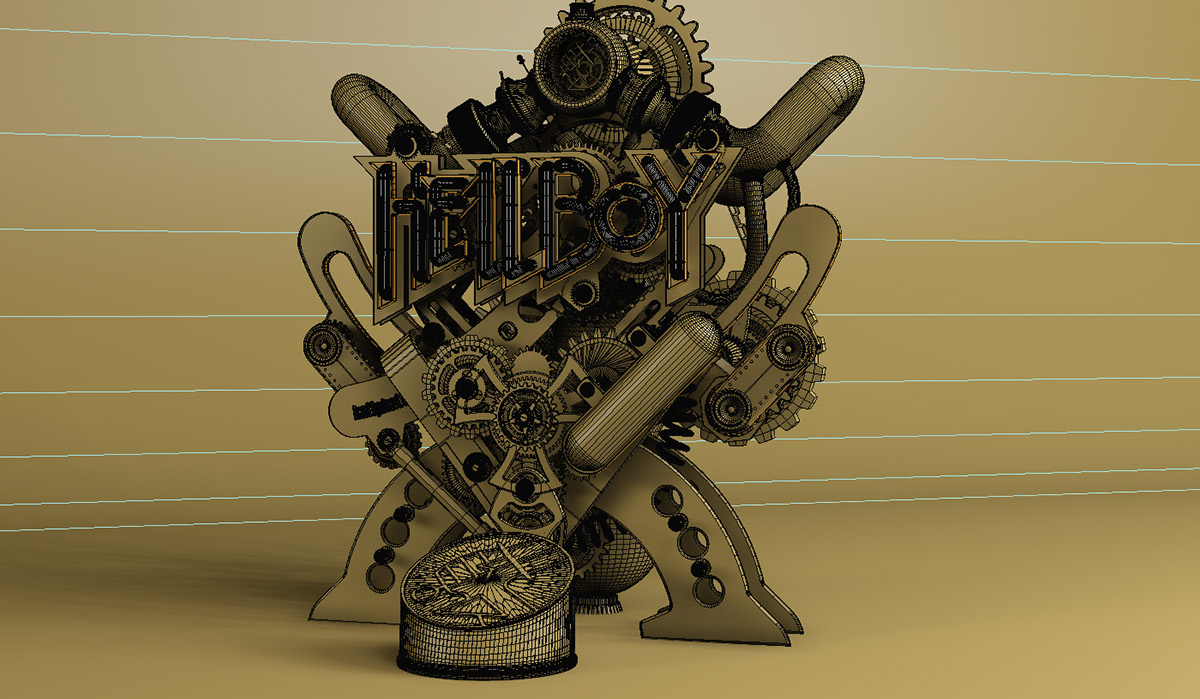 Hellboy dark horse comics Hero neon Title 3D Type 3d neon type gold mechanical STEAMPUNK golden