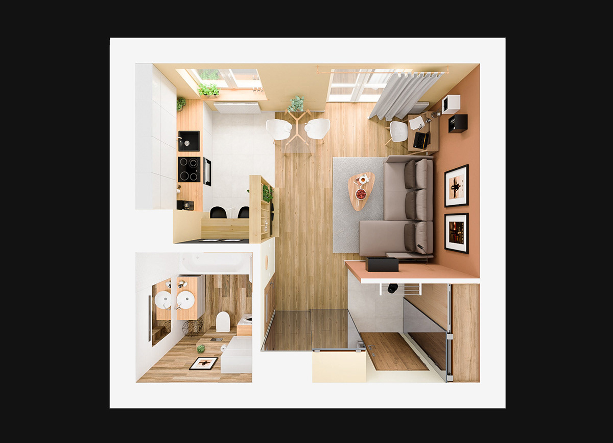 Interior interior design  small flat 3d Visualisation visualisation lemonade vision architecture wood