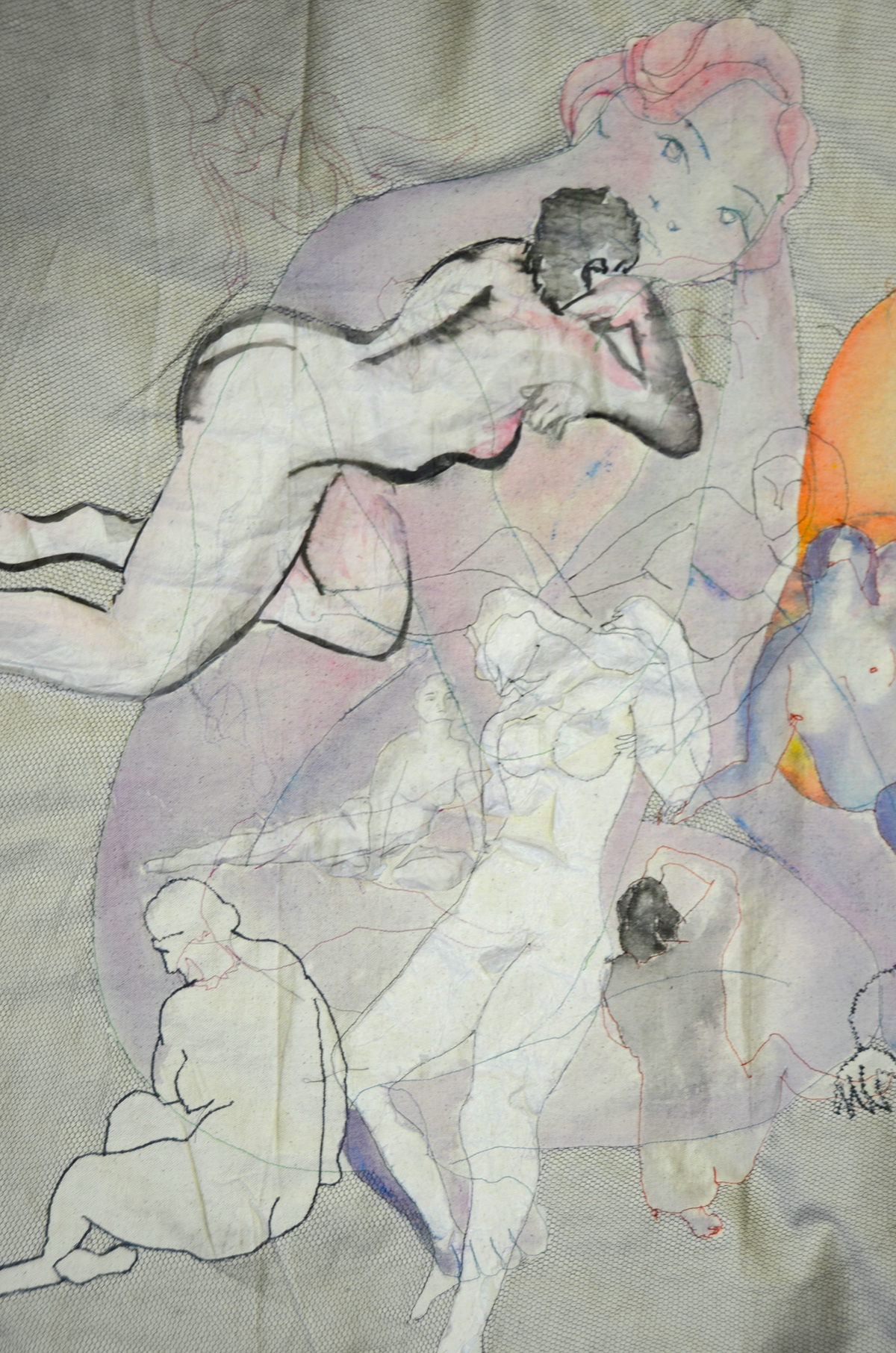 sewing collage acrylic Multimedia  nude woman Figure Drawing stitching