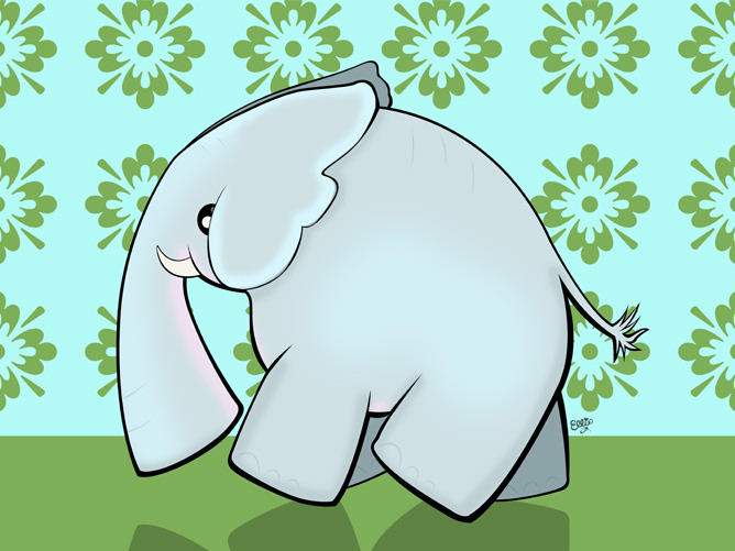 Cartoon Art of a Cute, Funny Elephant by Ellie.