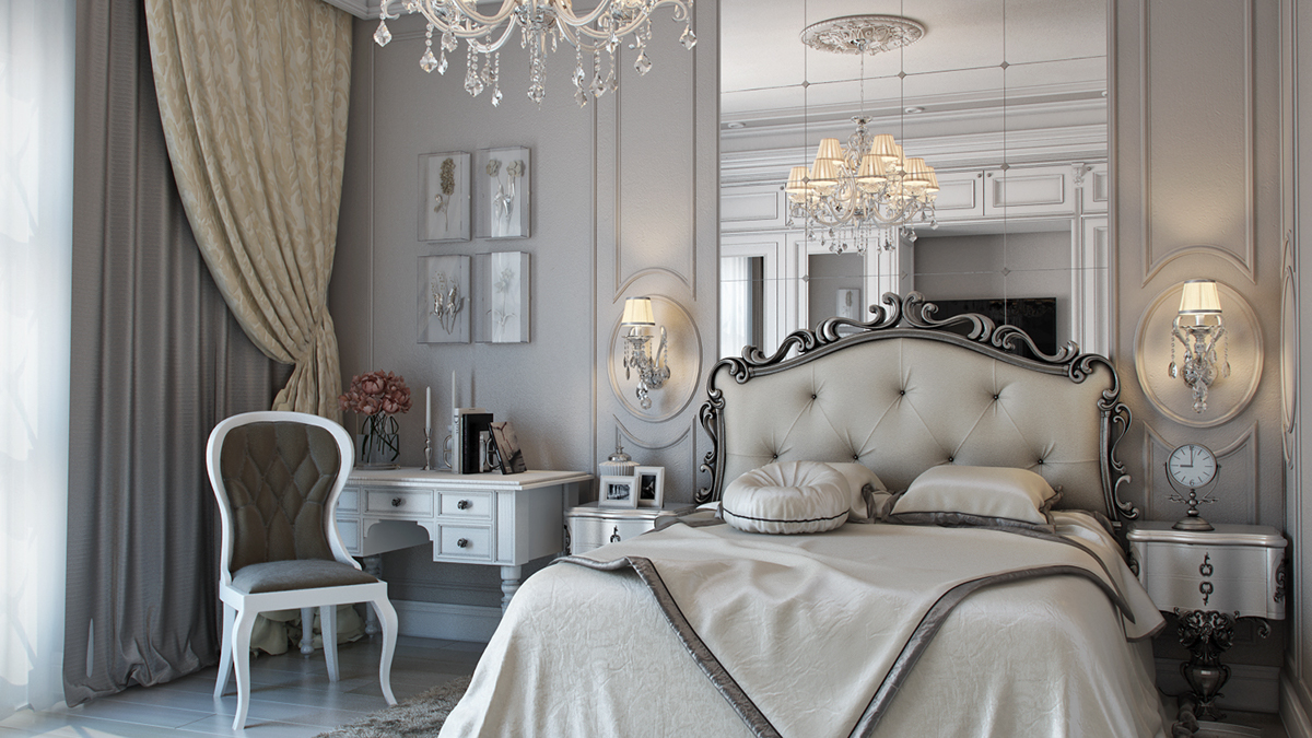 bedroom light neoclassical soft grey Interior неоклассика   спальня