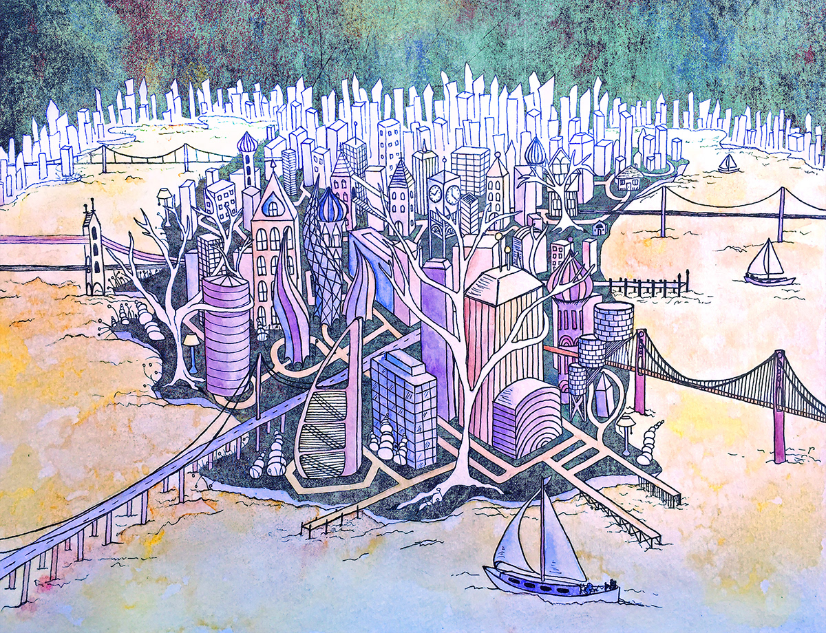 surreal Cities Globalization mixed media watercolor ink photoshop