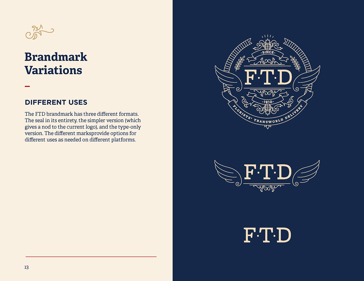 Rebrand Flowers seal logo FTD Florists Transworld Delivery dark blue gold and blue monoline logo wings brand book crest