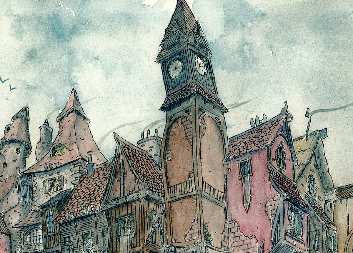 crowd people fantasy buildings Street market irish Watercolours Fineliners ink story detail lane characters