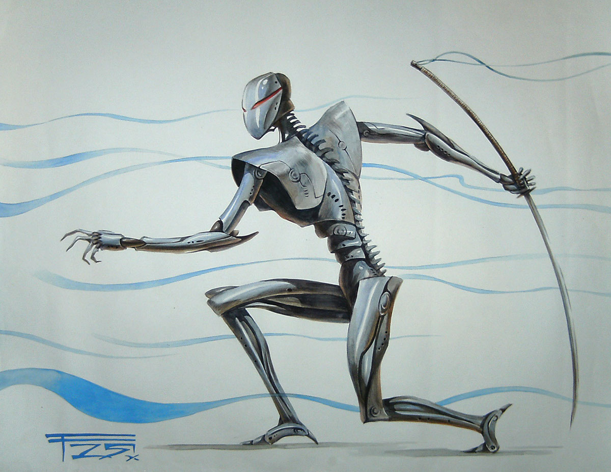 Character robot watercolor paper animals metal kalemenev anton gray illustrations