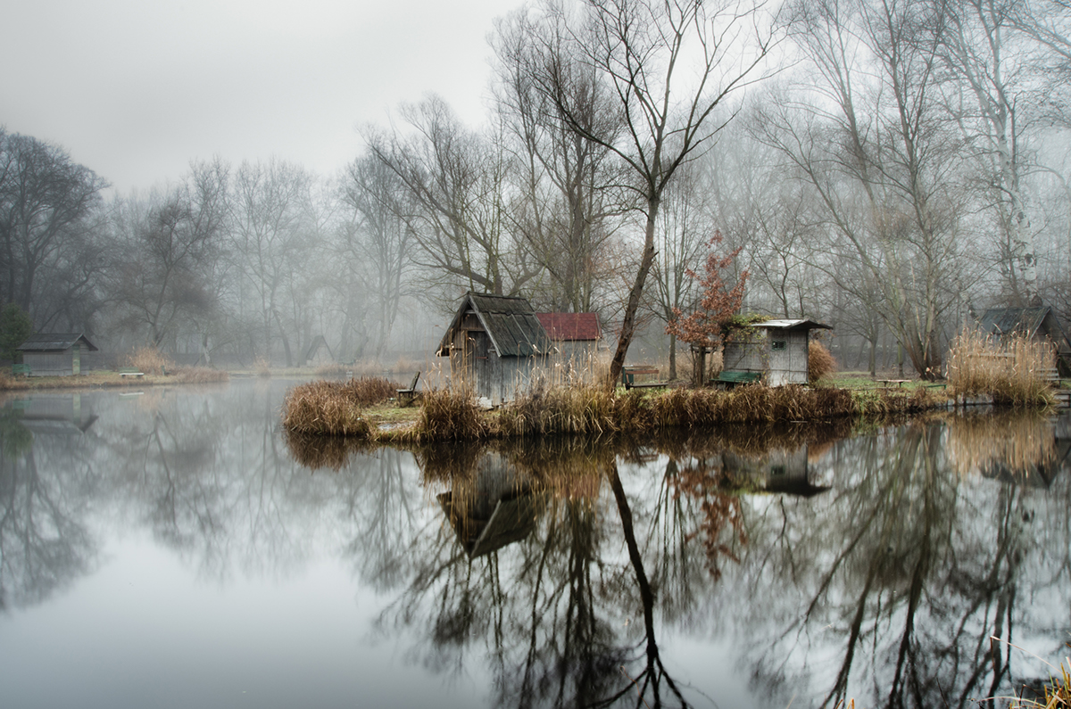 Sződliget hungary fog reflection Fishing Lake winter MORNING shacks trees