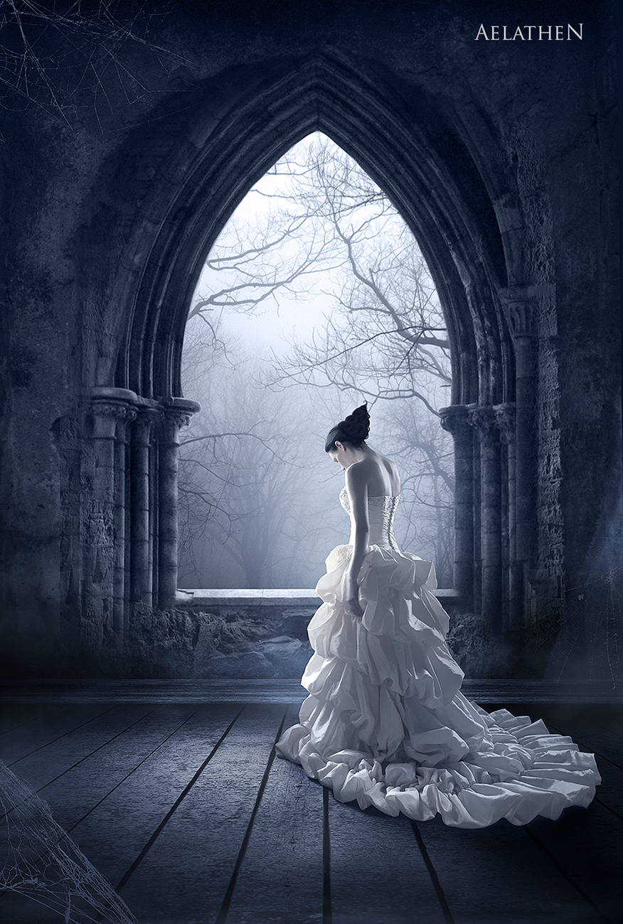 gothic gotic goth fairytale Princess dark darkness forest Castle gown blue black alone sad