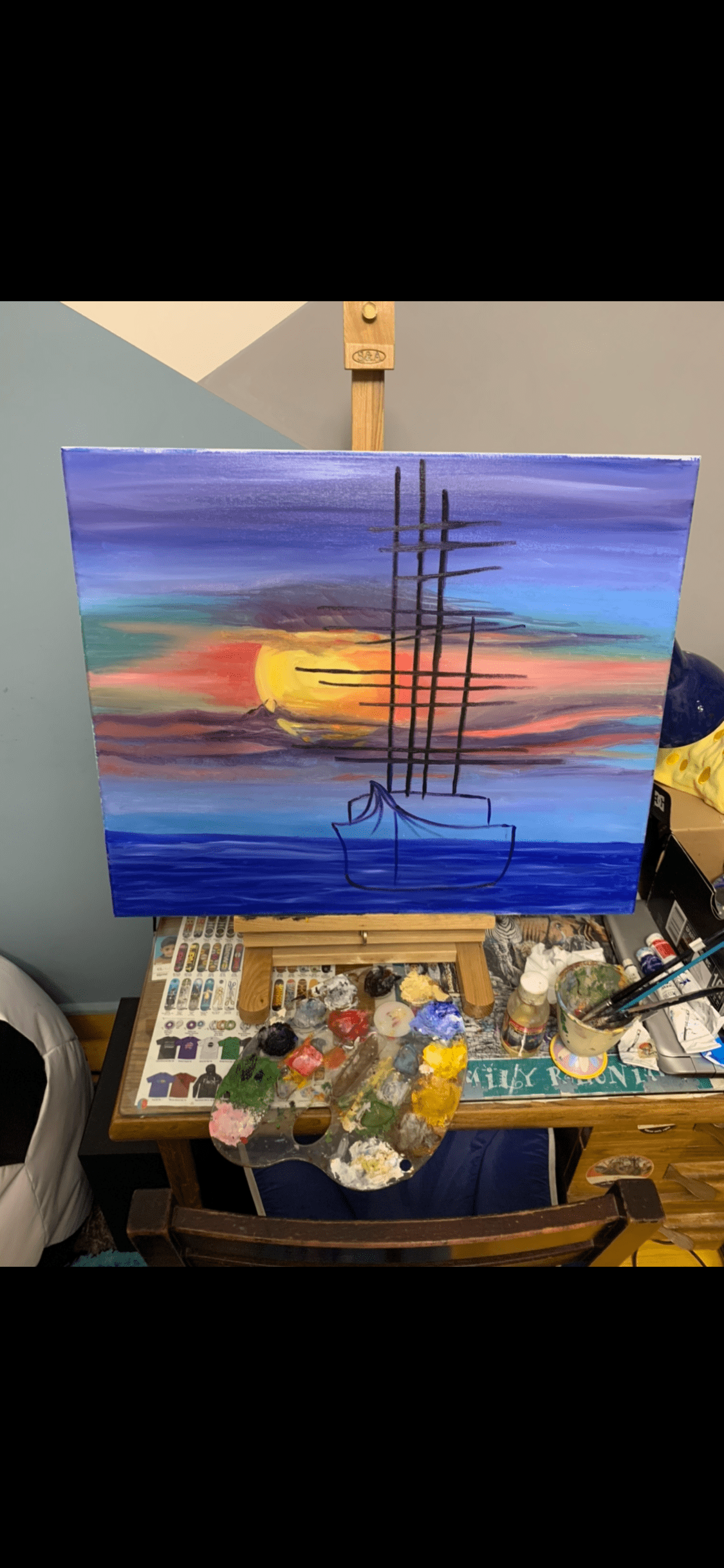canvas oil paint sea ship sunset