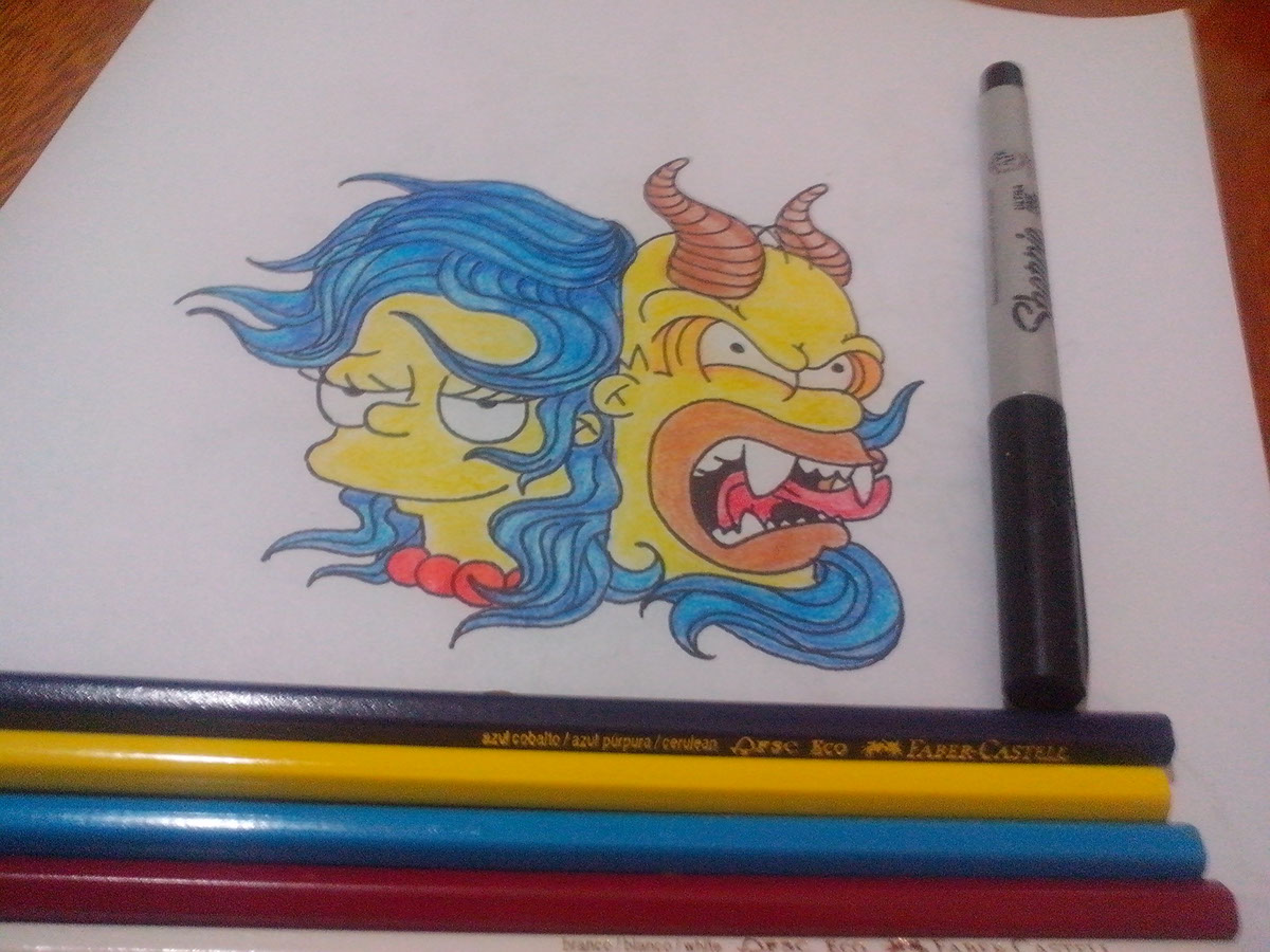 Los Simpsons marge HOMERO tattoo sketch sharpie Marker FABER CASTELL traditional