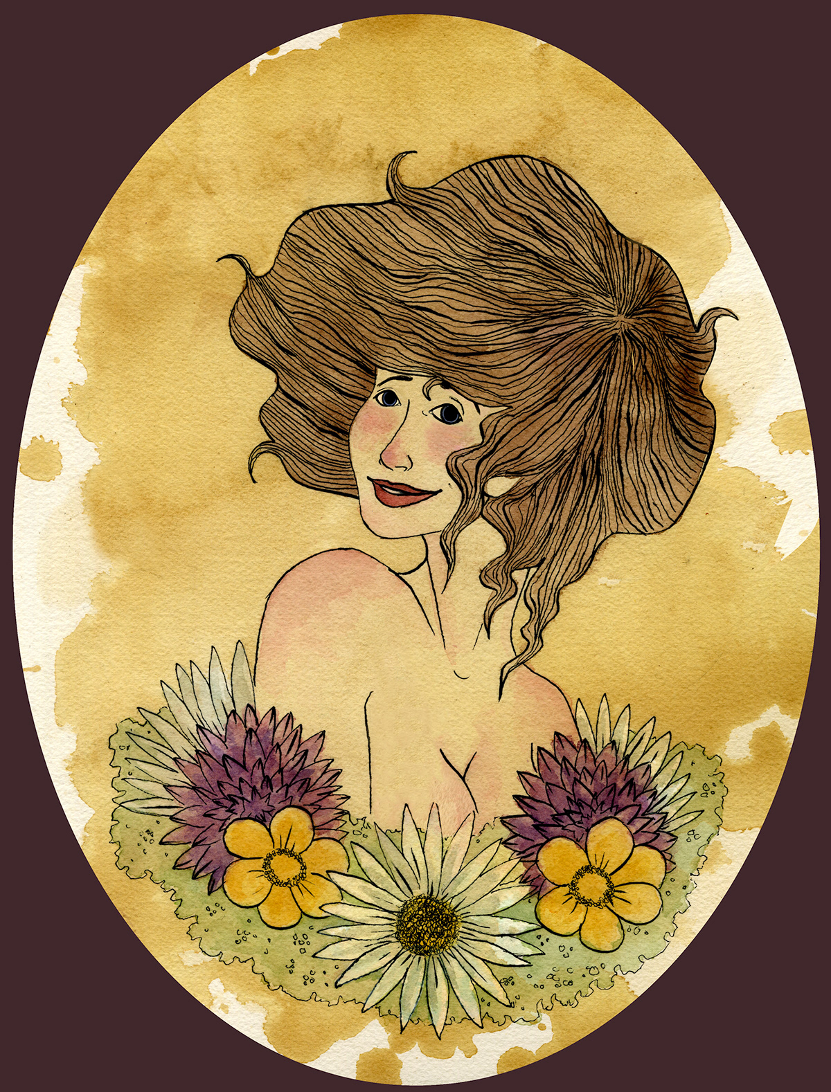 SCAD watercolor portrait Gibson Girl ink Tea Stain