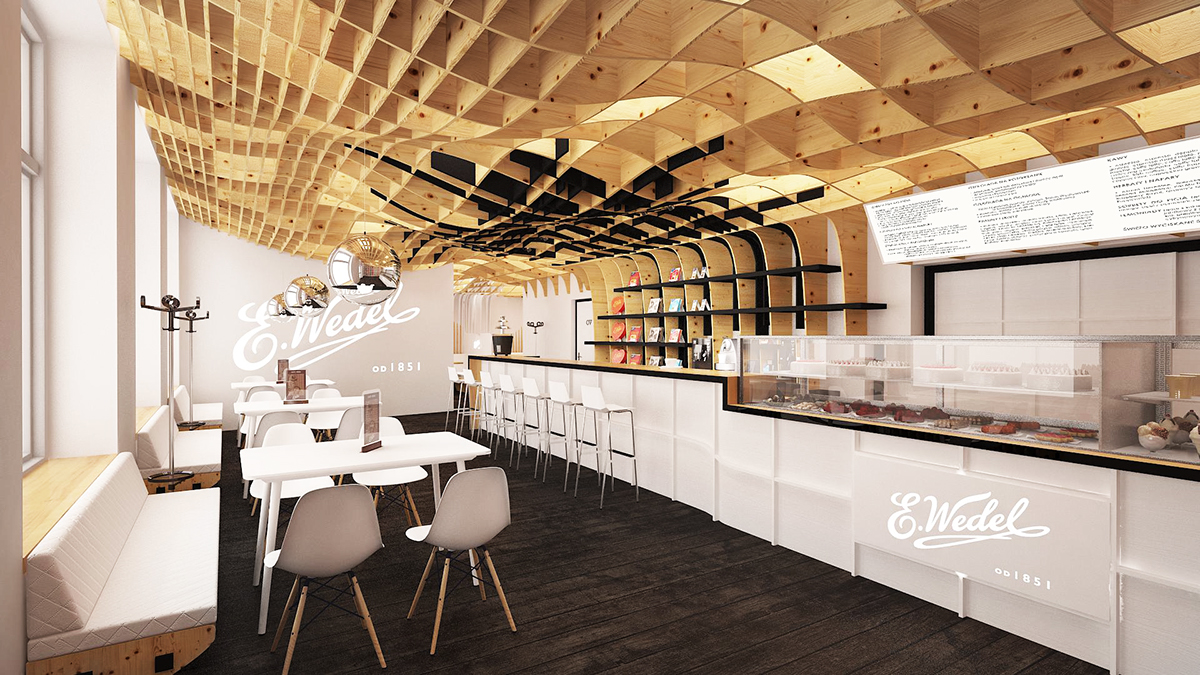 #wedel #chocolate   #Chocolaterie #interior design #wood #parametric design #truss #bar #lodges