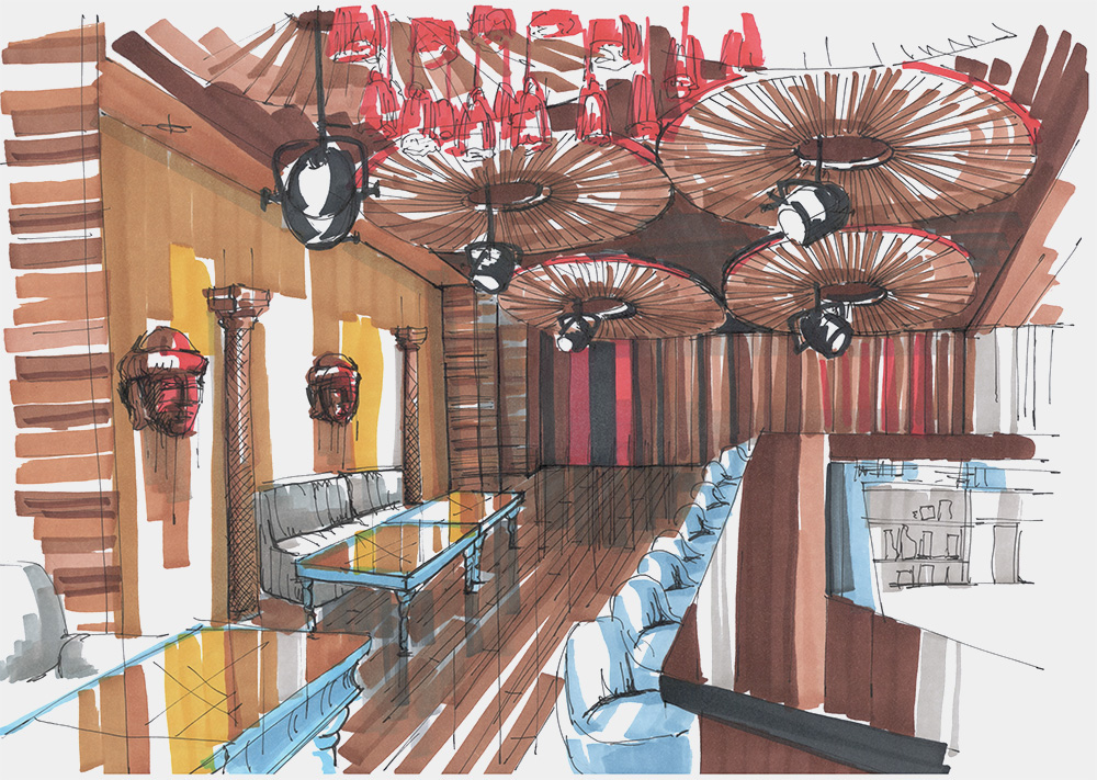 karaoke astana Nurlan Kamitov restaurant cafe Interior design Project built kazakhstan INK Architects Real photo sketch concept
