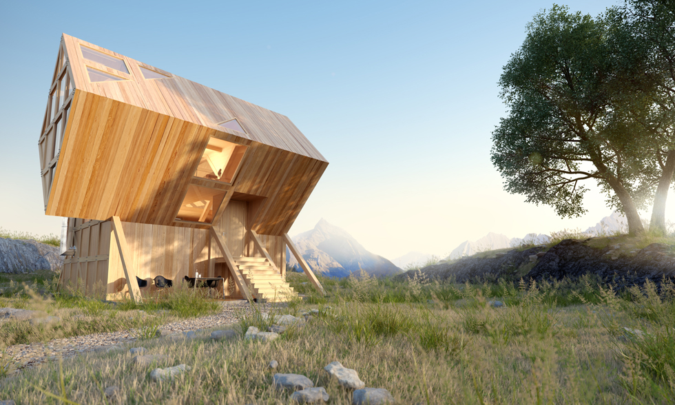 Landscape wooden house Render 3D visualization