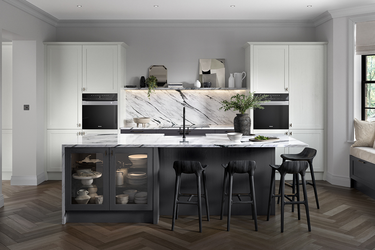 CGI render of a graphite and white kitchen