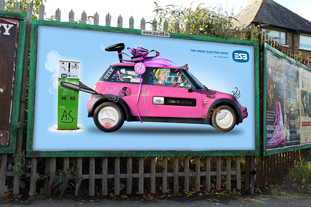 Imagemaking dublin Ireland ESB Billboards Cars funny electric cars Photo Manipulation  characters series